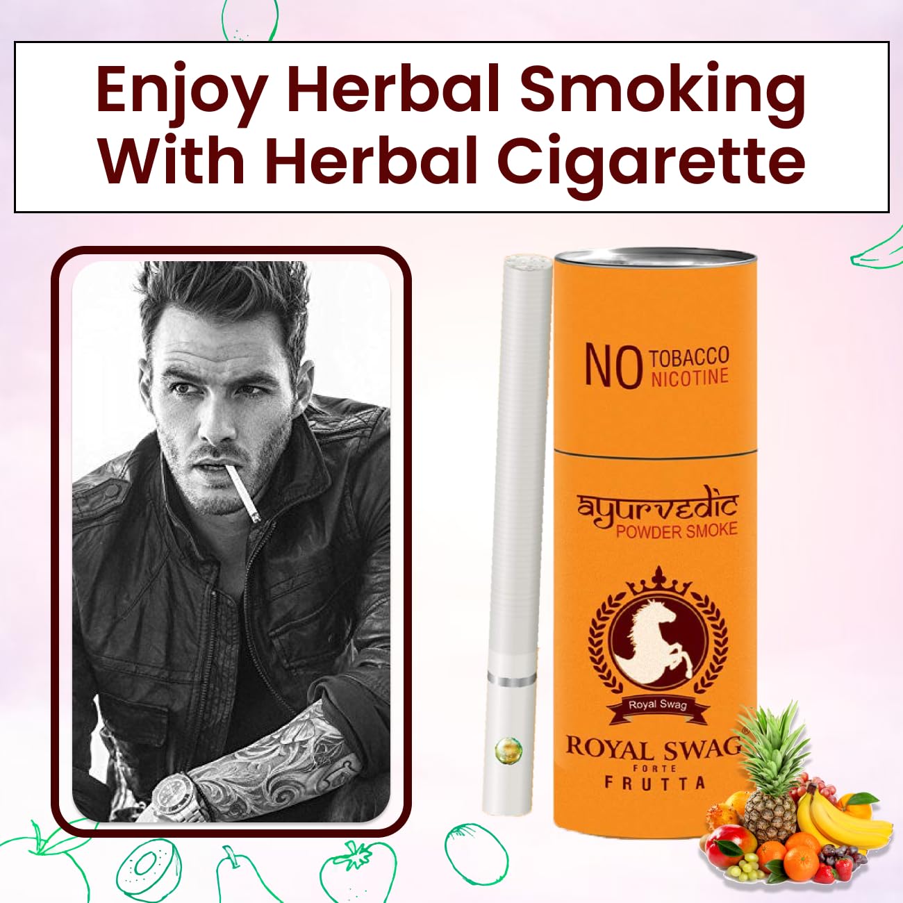 Royal Swag Ayurvedic Herbal Cigarettes, Frutta Flavour Smoke 50 Sticks 100% Nicotine Free & Tobacco Free(Non-Addictive) | Natural Herbs Clove, Tulsi, Cinnamon, Green Tea - Smoking Cassation