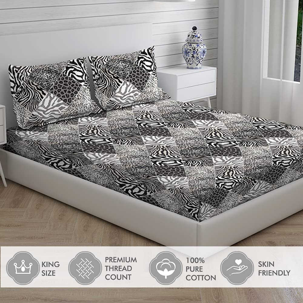 Cotton Bedsheet For King Size With Pillow Cover Set - 108x108 Inches, White & Black | Breathable & Light Weight, All Season Comfort-Ideal For Daily Use & Gifting Bedsheet