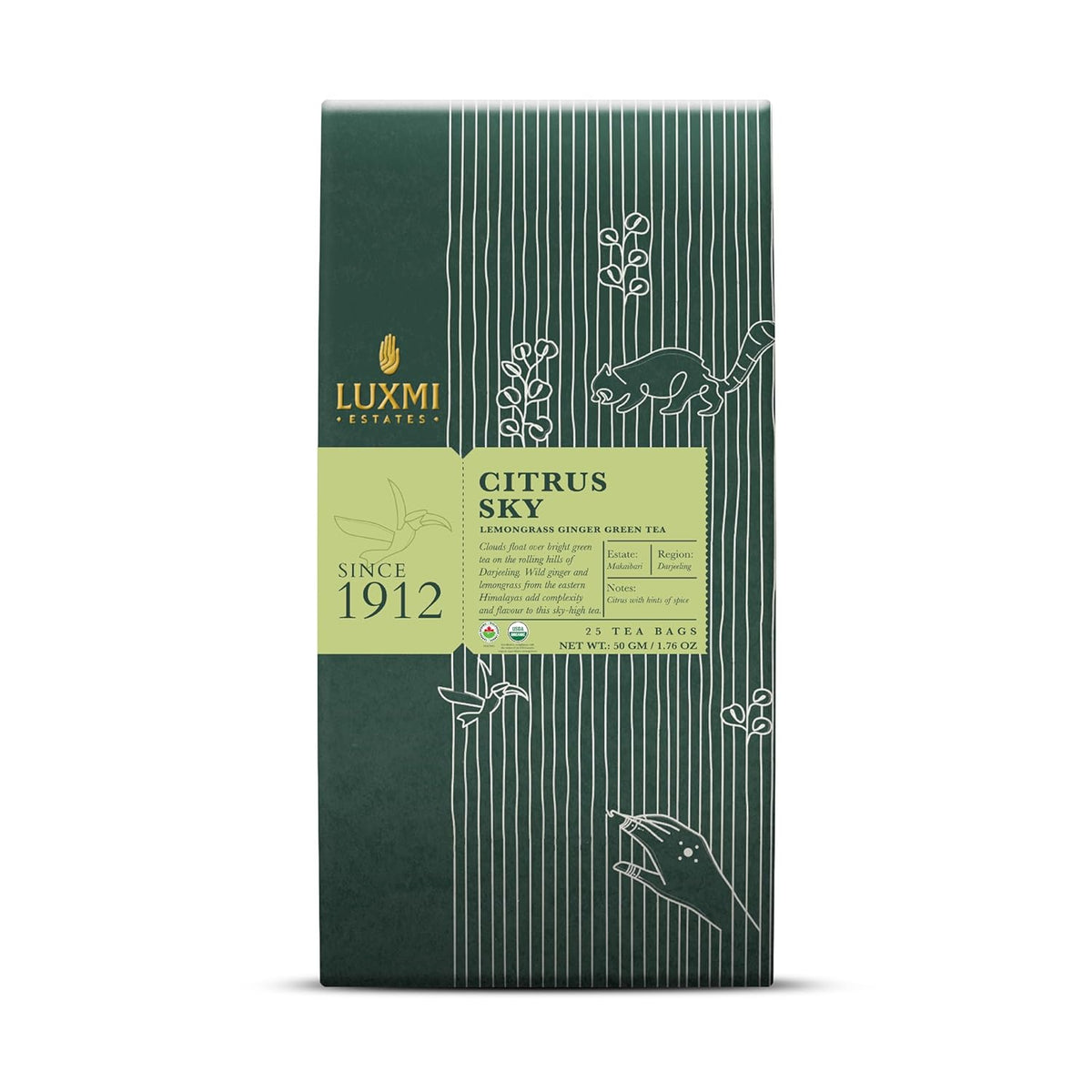 Luxmi Estates Citrus Sky Lemongrass Ginger Green Tea - 50gm, 1.7 Ounce, 25 Tea Bags | USDA Certified Organic Darjeeling Green Tea - Natural Lemon Balm Tea - Calming, Supports Digestion