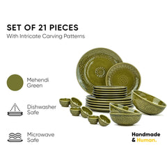 Ceramic Carving Dinner Set Of 21 Pcs, Mehndi Green | Crockery Set - Dining Sets | 6 Dinner Plates+ 6 Dinner Plates+ 6 Veg Bowls, 160ml Each+ 2 Medium Bowls, 630ml Each+ 1 Large Bowl, 1200ml