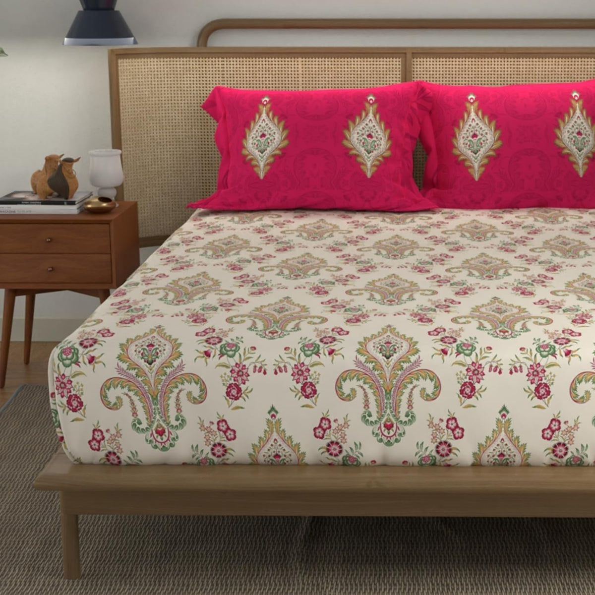 Bedsheet For Double Bed With 2 Pillow Covers - 90 X 100 Inches, White & Red | 100% Cotton Comfort Collection | Ideal For Guest House, Hotel, Home