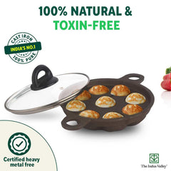 Super Smooth Black Cast Iron Paniyaram Pan With Glass Lid - 9 Pit, 20.8 Cm, 8.2 Inch, 2.7 Kg | Gas Compatible, Pre-Seasoned, 100% Toxin-Free, Naturally Non-Stick, Long Lasting