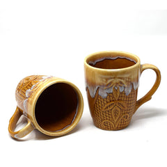 Handcrafted Brown Snow Drip Carved Ceramic Coffee Mug Set Of 2 - 350ml Each | Ceramic Mugs For Coffee, Tea, Milk - Microwave Safe & Leak Proof