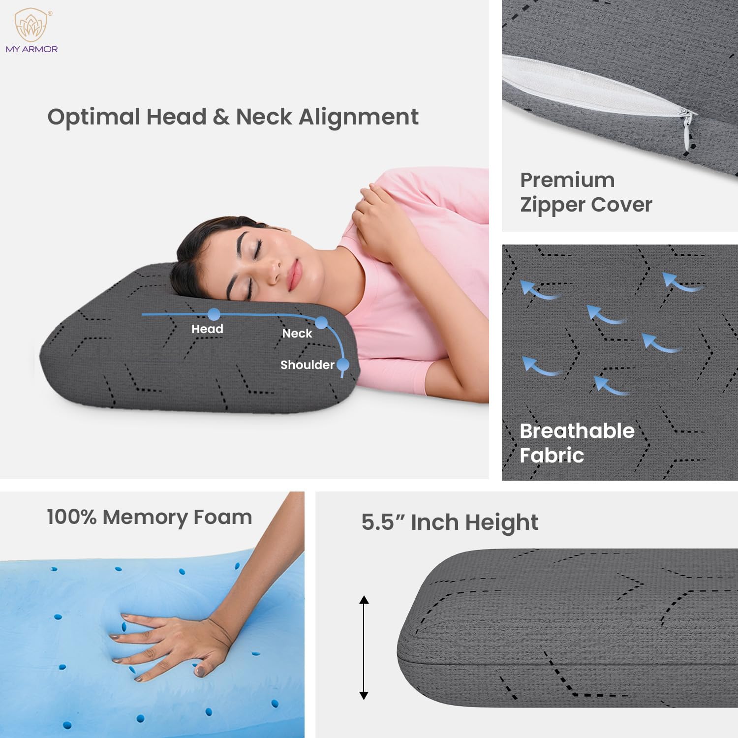 Cool Gel Memory Foam Pillow, Orthopedic Pillows, King Extra-Thick - 5.5 Inch | Pillows For Neck Pain Relief With Grey Color Washable Pillow Cover | Cooling, Adjustable - Pack Of 1