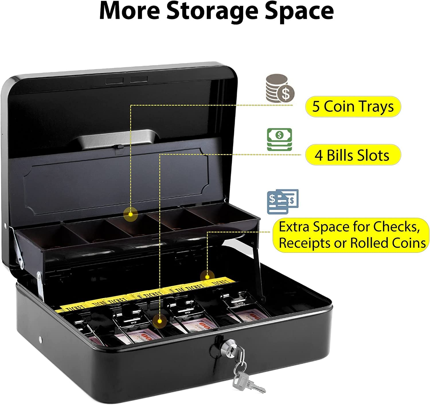 Cash Box With Key Lock & 2 Level Money Tray, Metal Money Box Large Size: 30 * 24 * 9cm (Gc-302) Colour - Black, Material - Metal