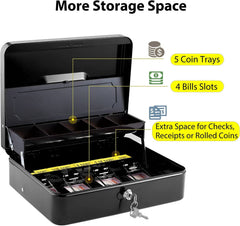 Cash Box With Key Lock & 2 Level Money Tray, Metal Money Box Large Size: 30 * 24 * 9cm (Gc-302) Colour - Black, Material - Metal