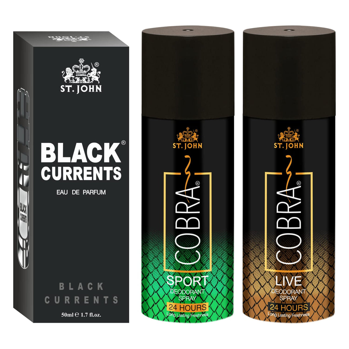 St. John Cobra Live , Sports Body Deodorants 300ml 10.1 Fl.oz. & Black Currrents Eau De Perfume 50ml 1.6 Fl.oz. | Men & Women Perfume Sets | Best Suited For Dailywear