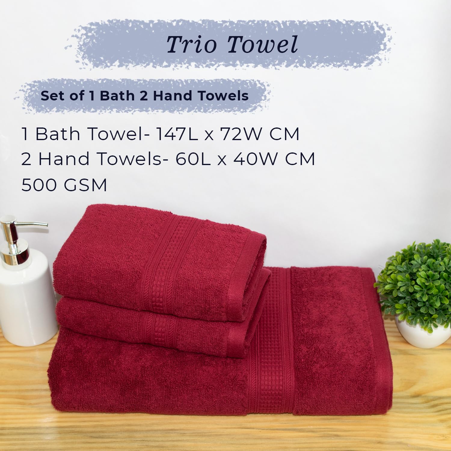 Rangoli 100% Cotton Fibre 1 Bath & 2 Hand Towel 900 Gsm | Highly Durable & Super Absorbent Towel | Skin-Friendly & Quick Drying Luxury Towels (Maroon) - Pack Of 3