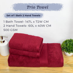 Rangoli 100% Cotton Fibre 1 Bath & 2 Hand Towel 900 Gsm | Highly Durable & Super Absorbent Towel | Skin-Friendly & Quick Drying Luxury Towels (Maroon) - Pack Of 3