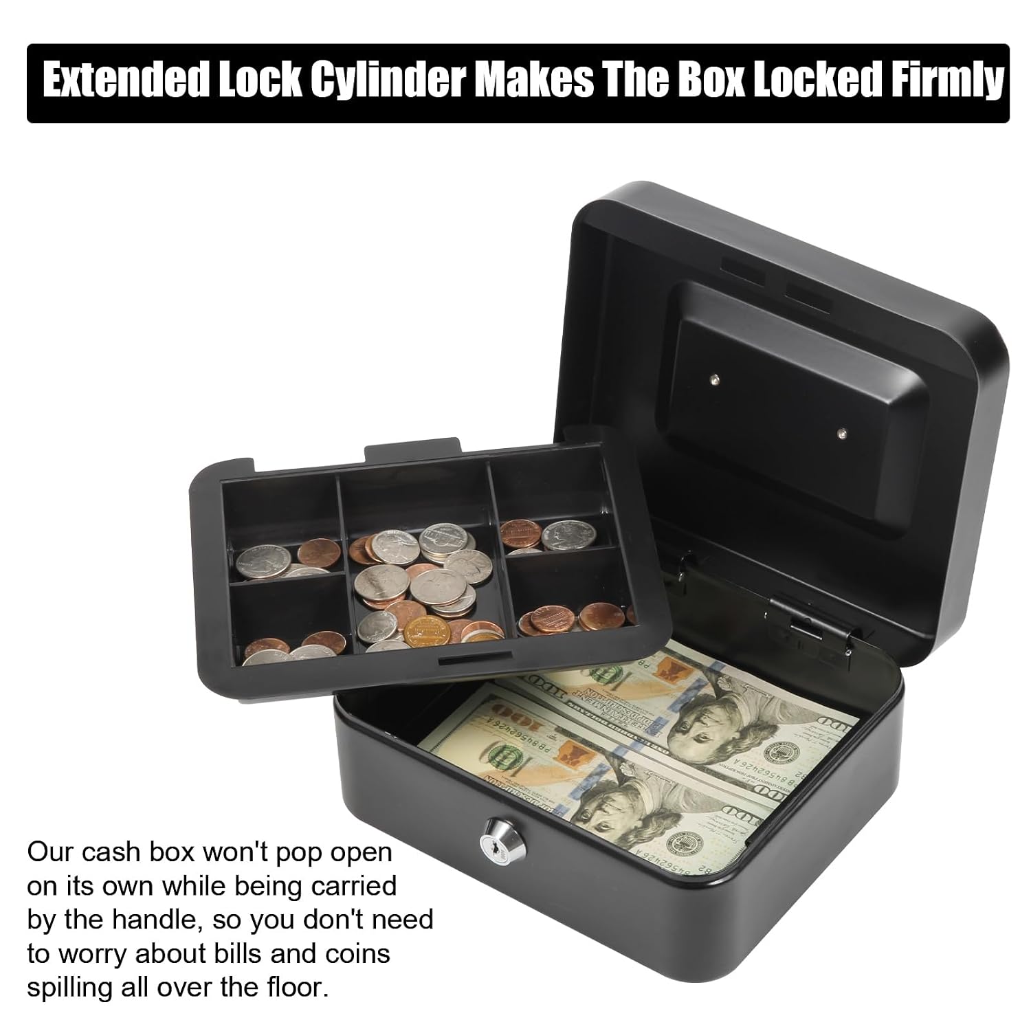 Cash Box Metal Money Box With 4 Bill 5 Coin Cash Tray Coin Compartment And Key Lock, 11.8l X 9.5w X 3.5h Inches, Colour - Black