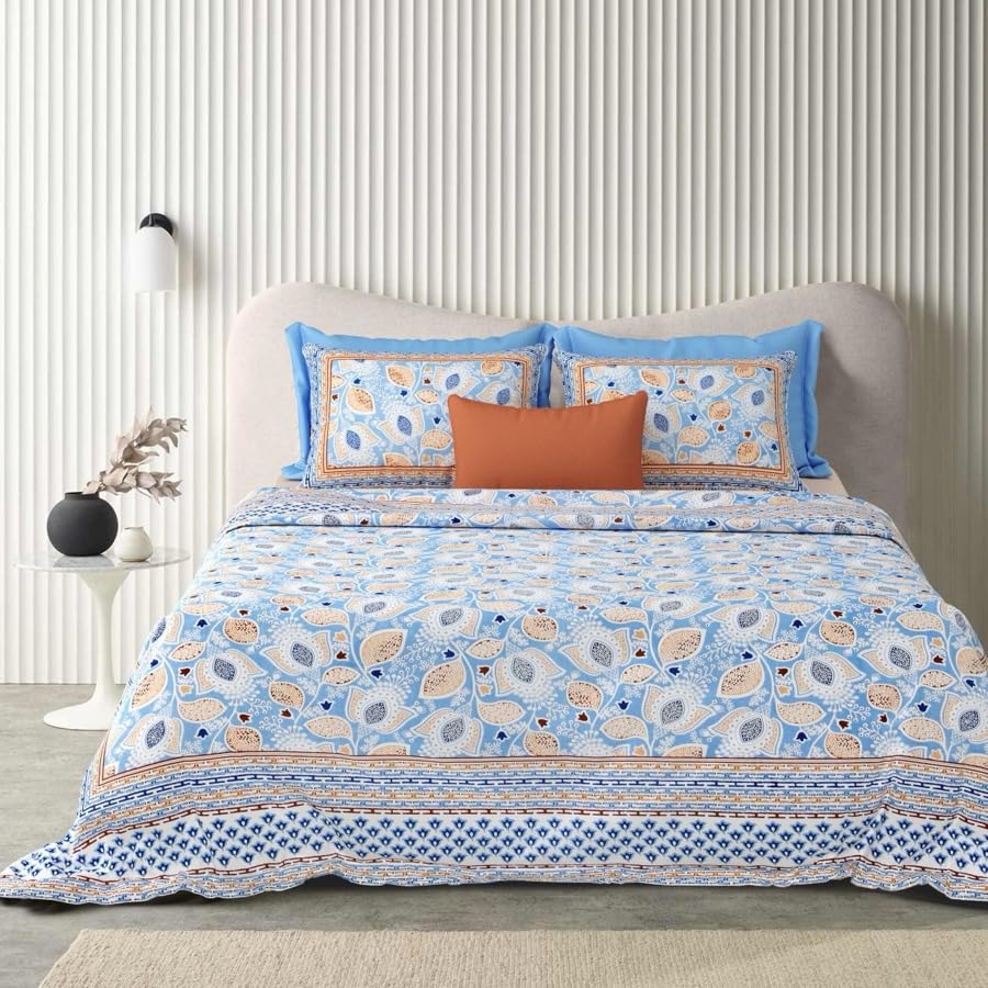Double Bedsheet For King Size With 2 Matching Pillow Covers (90 X 108 Inches) Blue & Brown | Pure Cotton Jaipuri Bedsheet | Cotton Bedsheet Is Suitable For All Seasons
