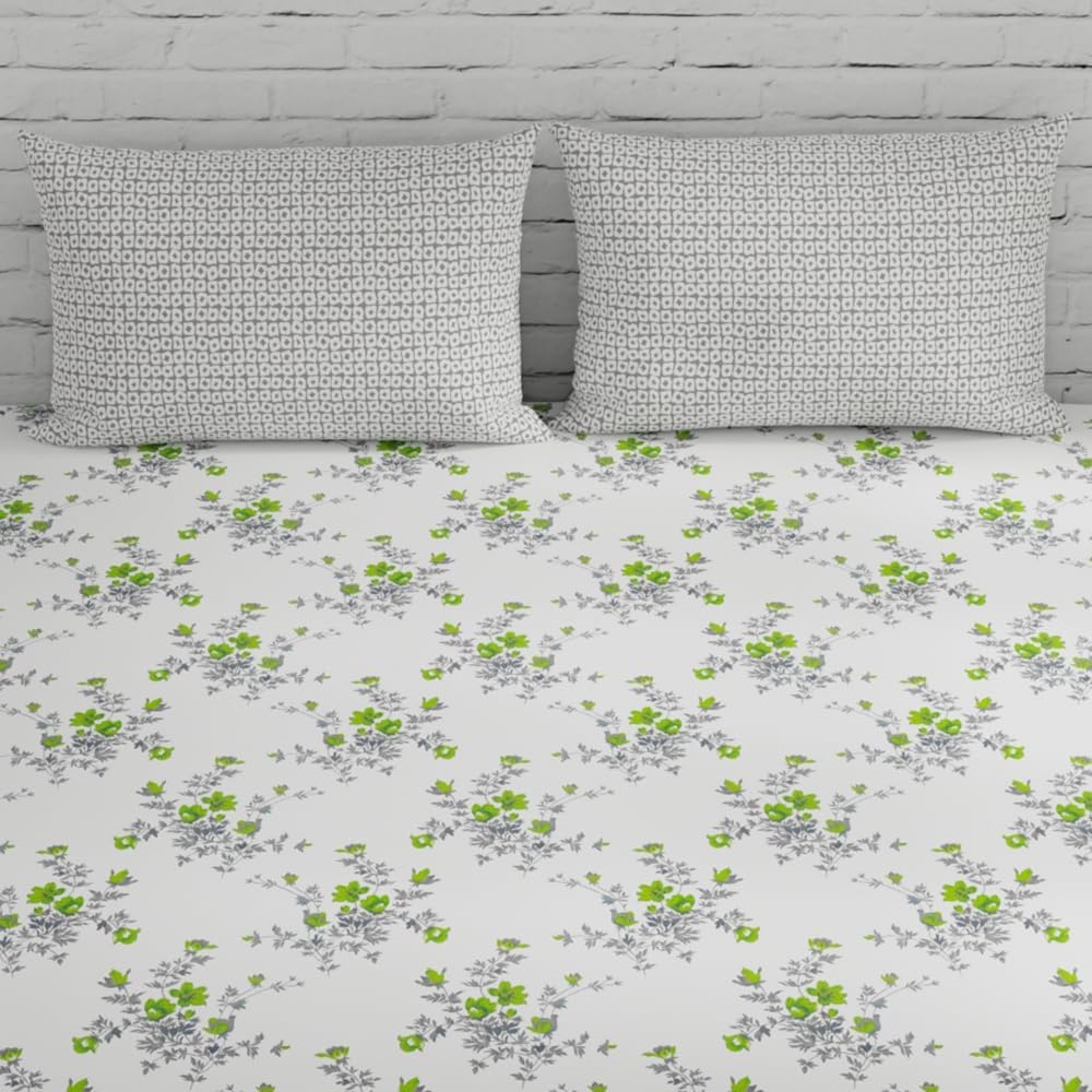 Cotton Elastic Fitted Bedsheet For King Size With 2 Pillow Covers - 72 X 78 Inches, Green & Grey | Ideal For Guest Room, Hotel Quality | 3 Piece Bed Sheet