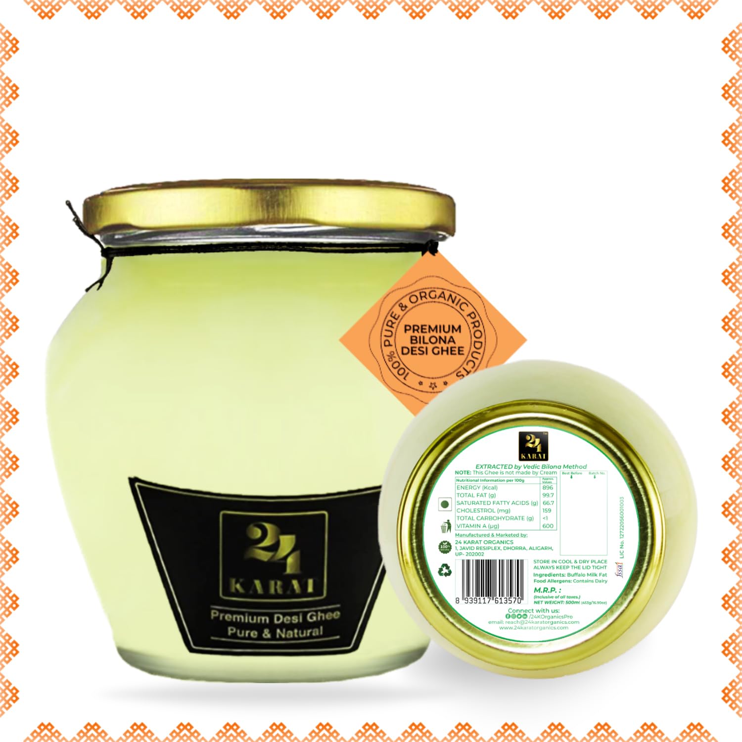 Natural Buffalo Desi Ghee By 24 Karat | Rich In Vitamins & Protein Fiber Curd-Churned Bilona Desi Ghee Good For Digestion | (500ml) 16.9 Ounce | Jar Pack