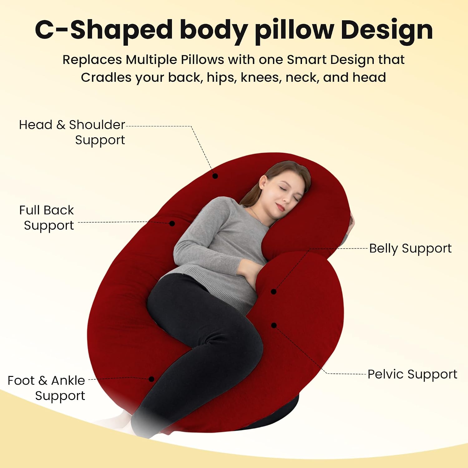 C Shape Full Body Pillow, Pregnancy Pillows For Sleeping, Maroon Color | Maternity Pillows For Back, Hips, Legs, Belly | For Pregnant Women With Removable, Washable Maroon Velvet Cover