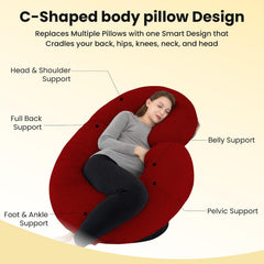 C Shape Full Body Pillow, Pregnancy Pillows For Sleeping, Maroon Color | Maternity Pillows For Back, Hips, Legs, Belly | For Pregnant Women With Removable, Washable Maroon Velvet Cover
