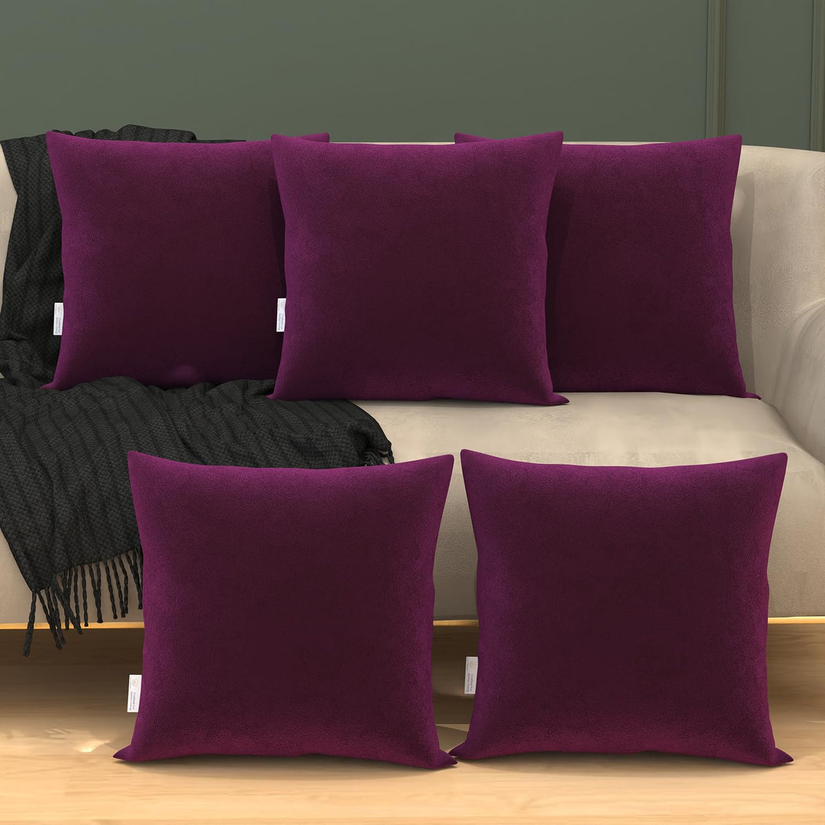 Microfiber Square Pillow, Cushion For Sofa, Car & Decoration, Purple - 12 X 12 Inch | Throw Pillow, Back & Neck Support, Hypoallergenic, Washable, Purple Velvet Cover - Pack Of 5