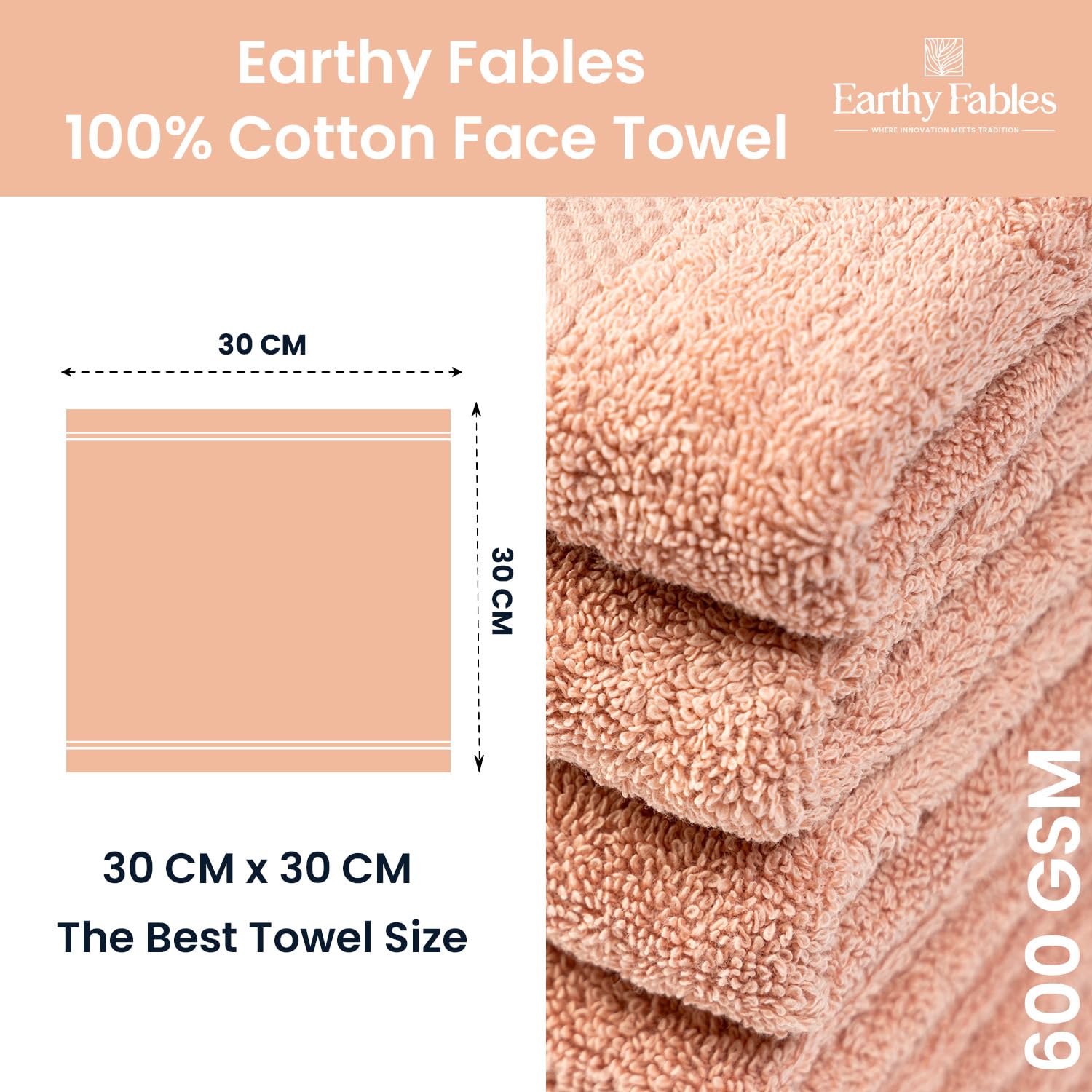 Earthy Fables Premium Face Towels 800 Gsm | Ultra Soft, Quick Dry & Highly Absorbent, For Gym, Travel & Acne-Prone Skin | Set Of 4 (Peach)