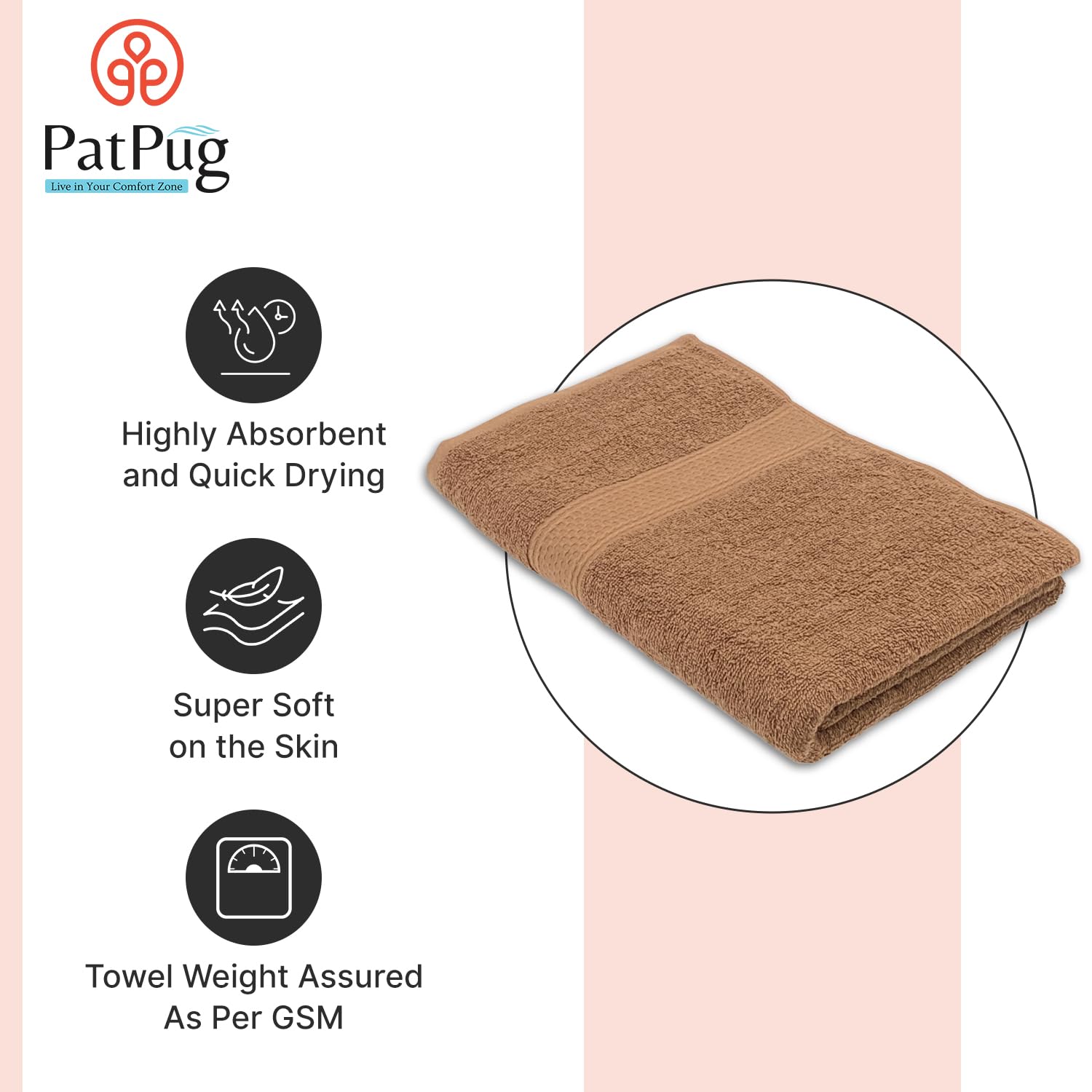 PatPug 100% Indian Ultra Soft Cotton Towel 380 Gsm | Highly Absorbent, Fade Resistant Large Bath Towel (Coffee Brown)