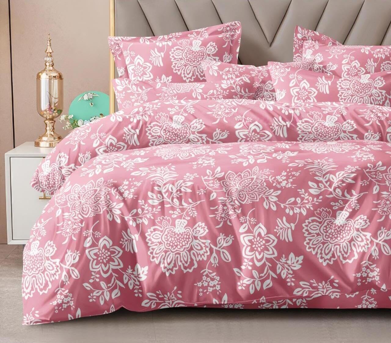 Double Bedsheet For King Size With 2 Matching Pillow Covers - 108 X 108 Inches, Pink & White | Glace Cotton Printed Bedsheet Lightweight, Soft & Smooth - Ideal For Home, Guest House