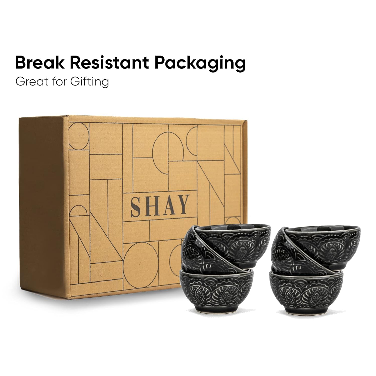 Ceramic Carving Veg Bowls Set Of 6 For Dinner - 160ml Each, Black Carving | Katori Set - Ceramic Bowls With Glossy Finish | Dessert Bowl Set - Ice Cream Bowls