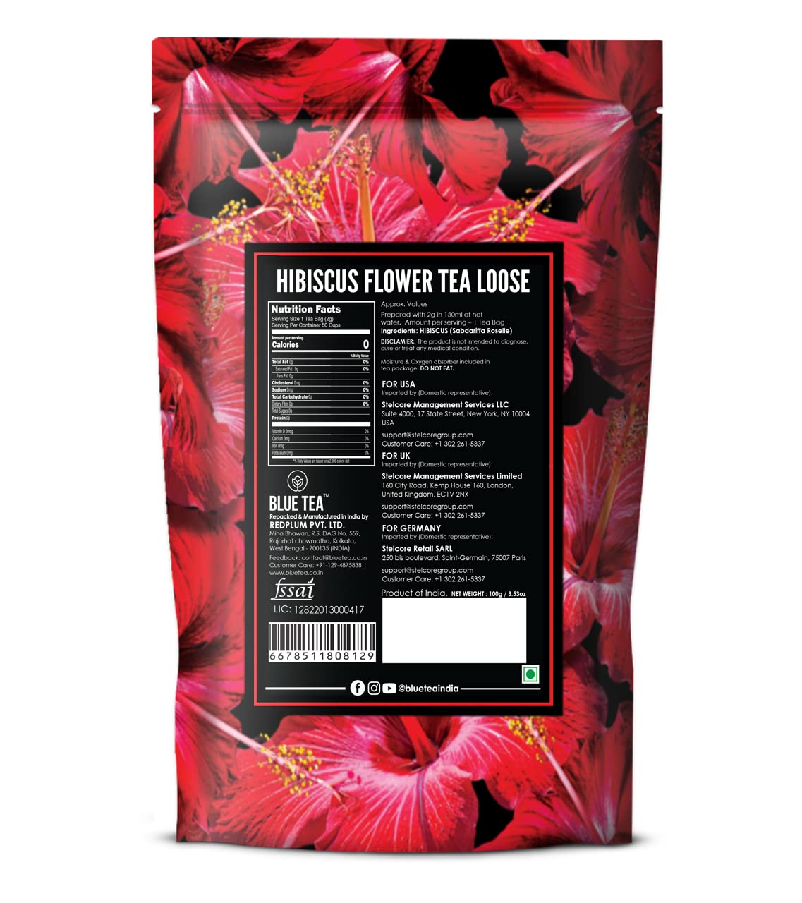 Blue Tea Hibiscus Flower Herbal Tea - 100gm Zipper Pack, 3.5 Ounce, 100+ Cups | Skin Glow Enhancing Tea - Caffeine Free Flower Based Tangy Flavor Tea