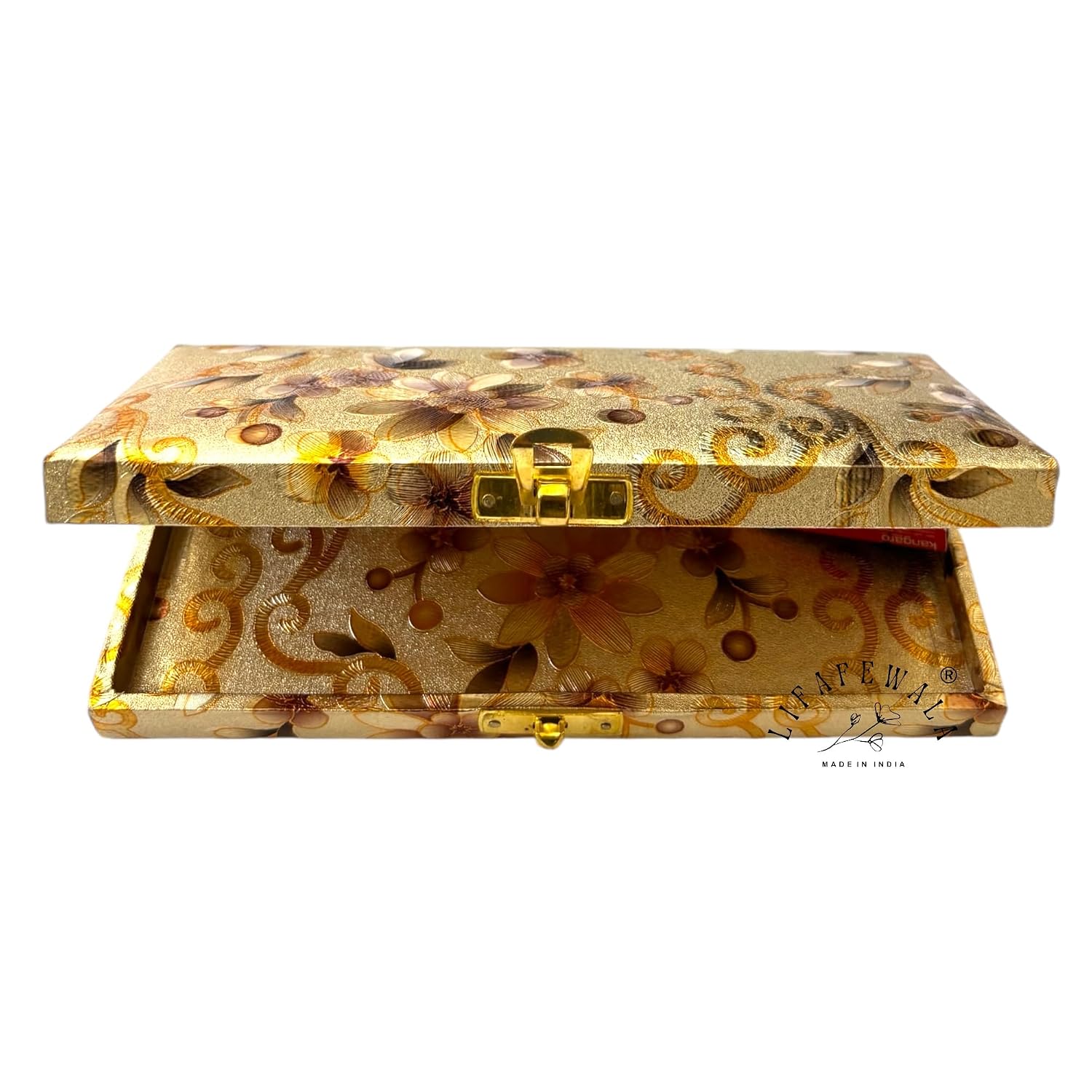 Rectangular Shaped Floral Design Cash Box, Shagun Box, Gift Box, Gaddi Box, Jewellery Box, Shagun Envelope In Floral Design, Colour - Golden
