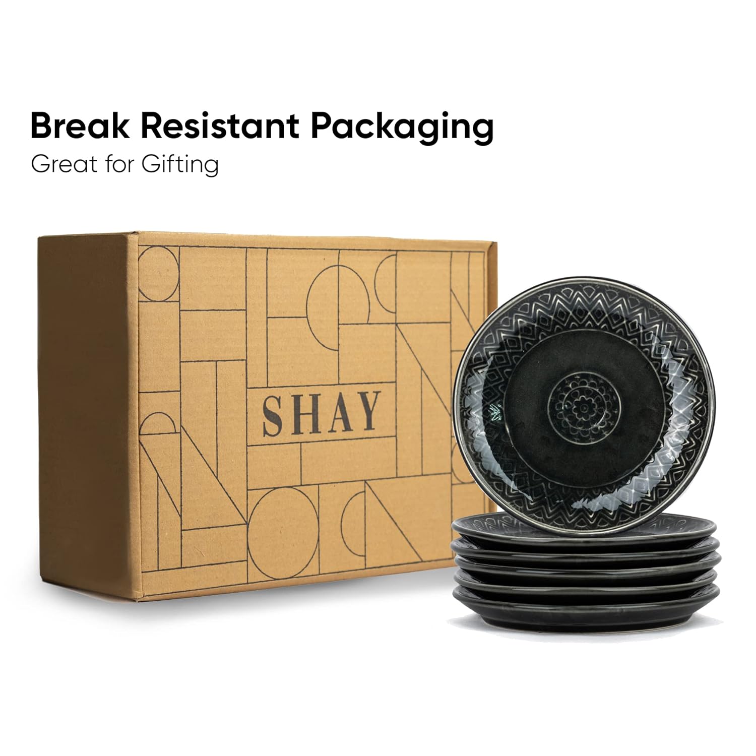 Quarter Plates Set Of 6, Black Carving | Ceramic Snack Plates - Snacks Plates Set | Dessert Plates - Snack Plate | Small Plates With Glossy Finish - Microwave Safe & Chip Resistant