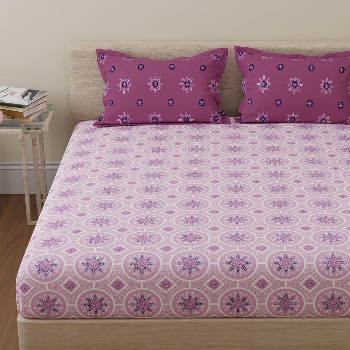 Bedsheet For King Size With 2 Pillow Cover - 108 X 108 Inches, Pink & Magenta | Suitable For All Weather Season - 4 Pcs Bedding Set