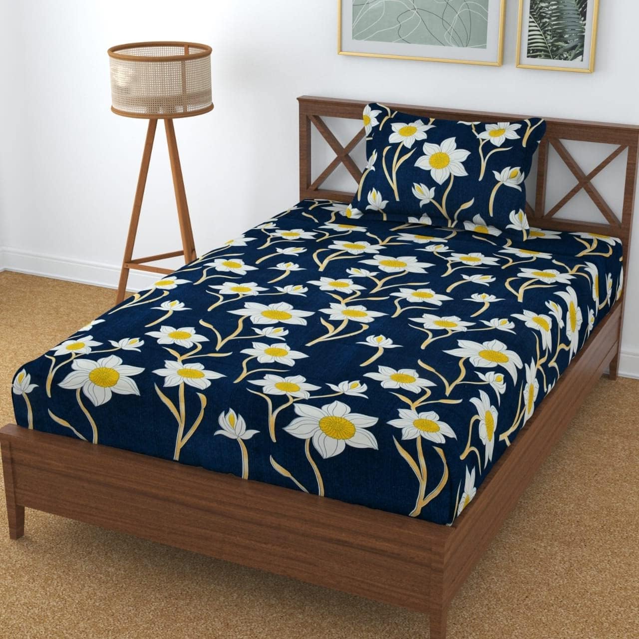 Microfiber Single Bedsheet Set With 1 Pillow Covers (60 X 90 Inches) Blue & White | Durable & Long-Lasting | 144 Thread Count | Wrinkle Free