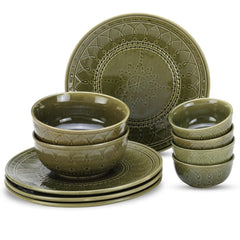 Handcrafted Ceramic Dinner Set Of 10 Pcs With Serving Bowls Set - Moss Green | 4 Dinner Plates + 4 Small Dinner Bowl, 180ml Each + 2 Serving Bowl, 1000ml Each | Dishwasher Safe - Serving For 4