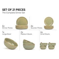 Ceramic Dinner Set Of 21 Pcs, Pistachio Green | Crockery Set, Dining Sets Crockery Items - 6 Dinner Plates+ 6 Quarter Plates+ 6 Veg Bowls, 180ml Each+ 2 Medium Bowls, 1000ml Each+ 1 Large Bowl, 1500ml