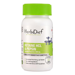 Herbadiet Betaine Hcl + Pepsin 500mg Digestive Enzyme Supplement Gut Health Support, Nutrient Absorption | Veg 60 Capsules, 100gm 0.2lbs