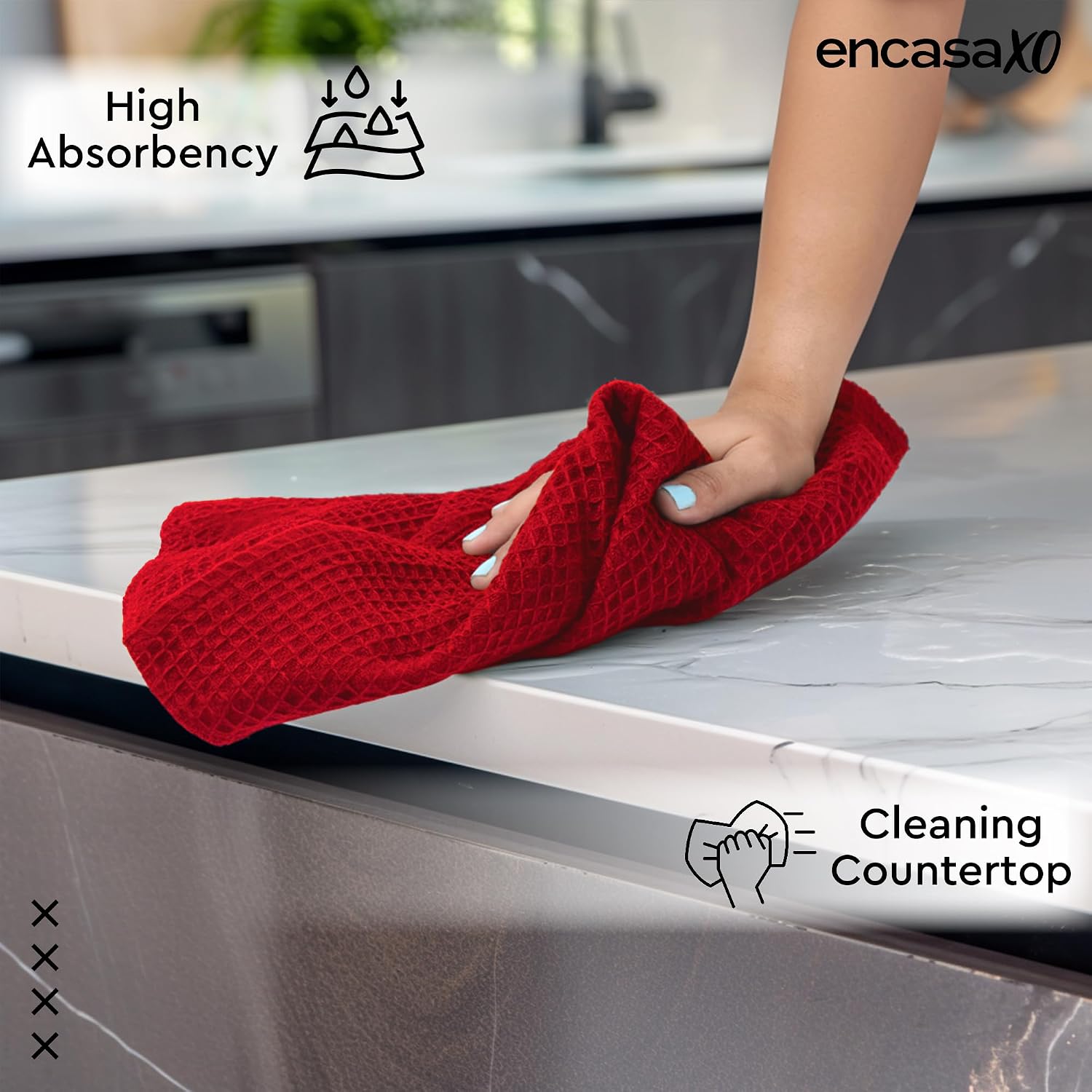 Encasa Xo Kitchen Dish Towels Set 320 Gsm | Waffle Weave & Flat Hand Tea Towel | Quick Drying Reusable Cotton Washcloths | Set Of 4 (Red)