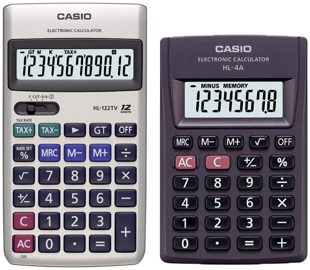 Casio HL-122TV Portable Calculator With Metal Faceplate & GT Key, 12 Digit & Casio HL-4A Portable Calculator, Extra Small Size