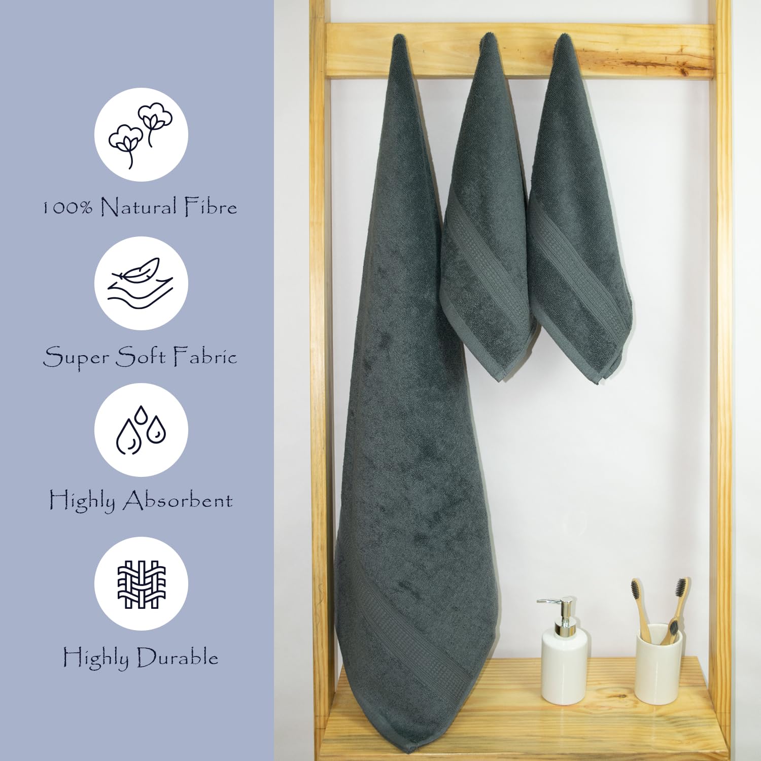 Rangoli 100% Cotton Fibre 1 Bath & 2 Hand Towel 900 Gsm | Highly Durable & Super Absorbent Towel | Skin-Friendly & Quick Drying Luxury Towels (Grey) - Pack Of 3