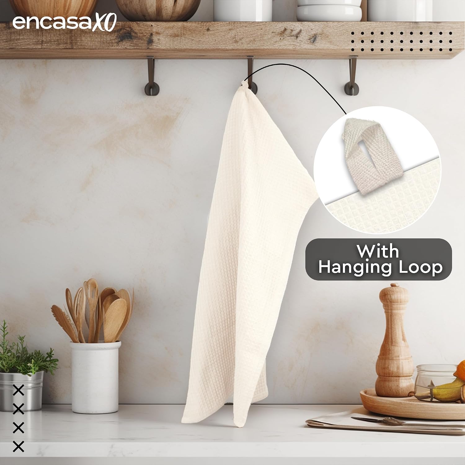 Encasa Xo Kitchen Dish Towels Set 320 Gsm | Waffle Weave & Flat Hand Tea Towel | Quick Drying Reusable Cotton Washcloths | Set Of 4 (Solid Off White)