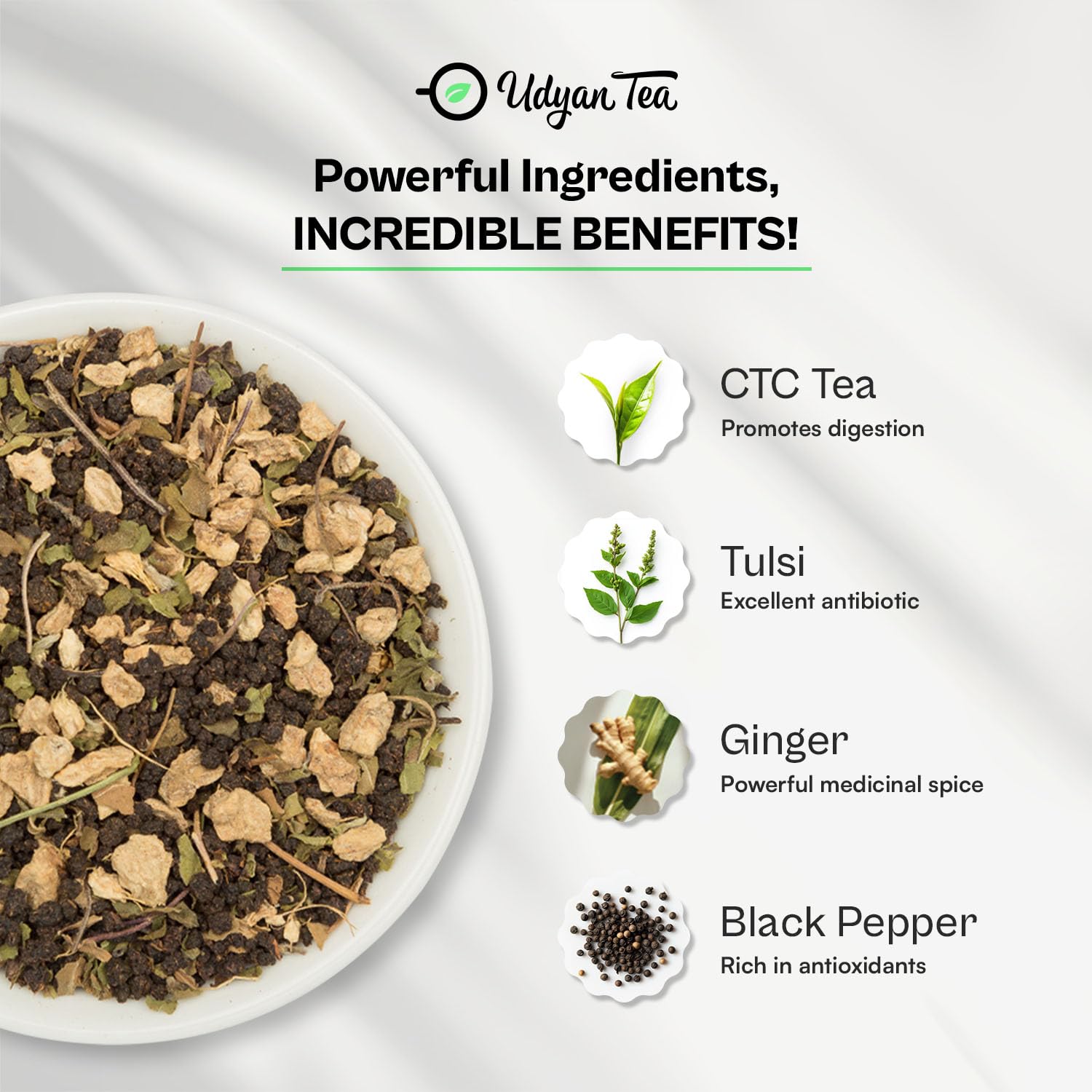 Udyan Tea Tulsi Ginger Chai - 250gm, 8.8 Ounce | Immunity Boosting CTC Black Tea With Tulsi, Ginger & Black Pepper - Ayurvedic Healing Blend For Cold & Cough Relief | High Caffeine