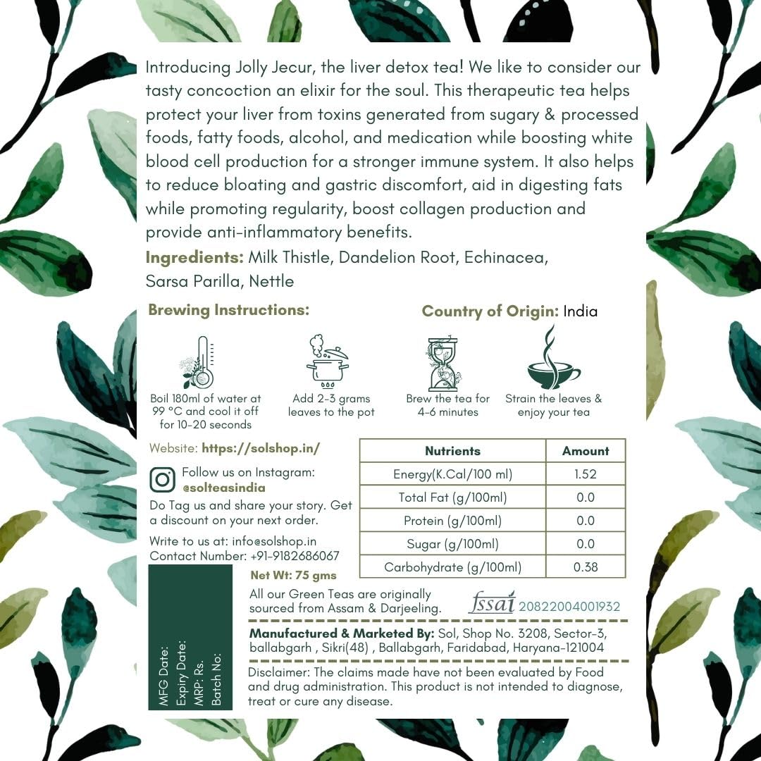 SOL Jolly Jecur Liver Detox Tea - 75gm, 2.6 Ounce | Infused With Dandelion Root, Milk Thistle & Nettle - Cleanses Liver & Enhances Kidney Function | Caffeine Free, No Additives