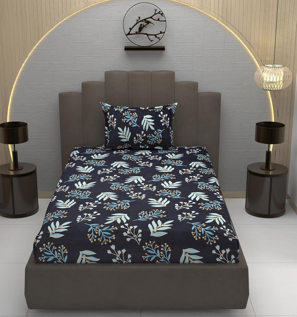 Glace Cotton Single Bedsheet Elastic Fitted With 2 Pillow Cover - 48x78x8 Inches, Black & Blue | Soft Touch To Skin | Perfect Ideal For House, Hotel, Guest House Bedsheet