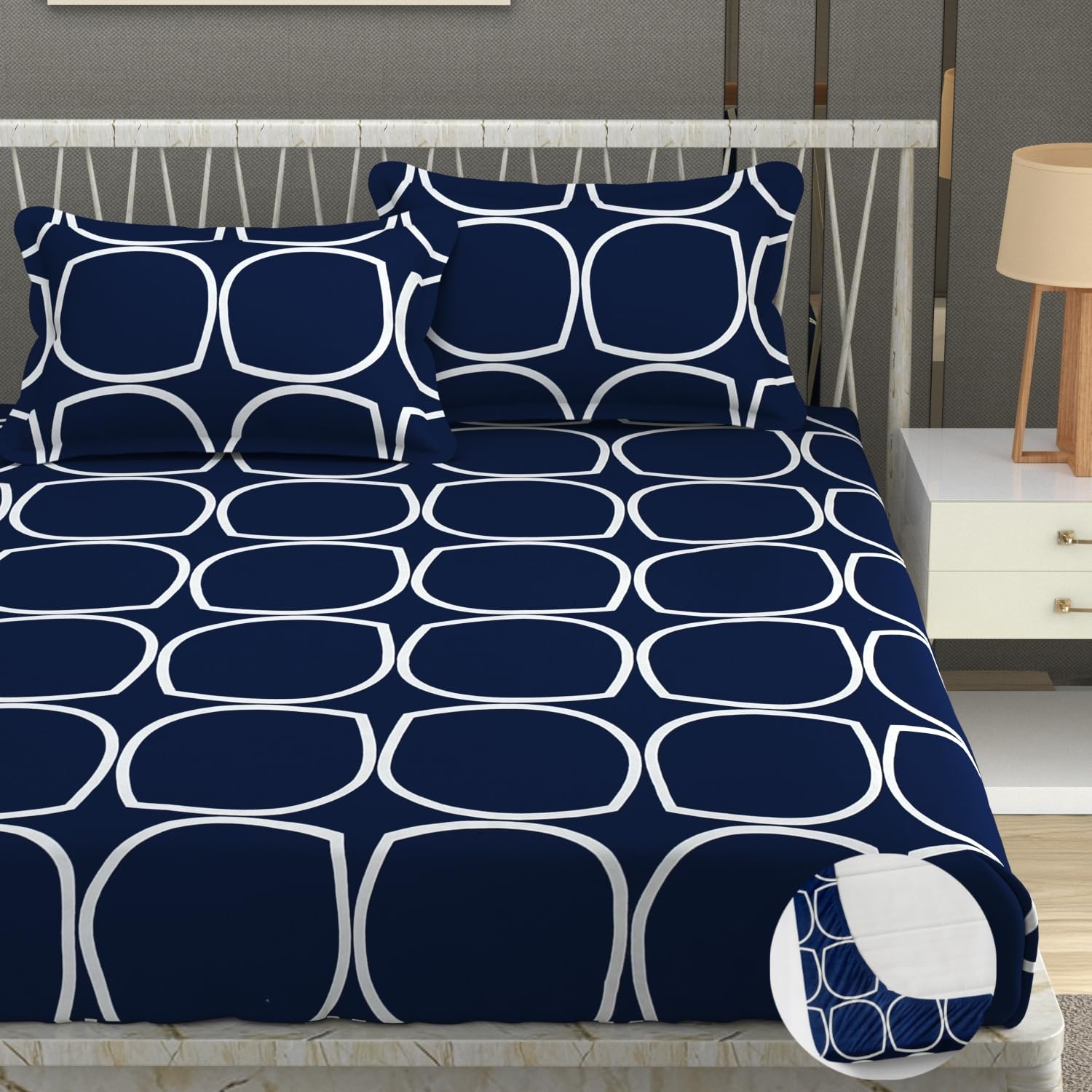 Double Bedsheet For Queen Size With Tow Pillow Cover - 72 X 72 Inches, Dark Blue | All Around Elastic Fitted Breathable & Durable, Soft Touch & Perfect For All Seasons
