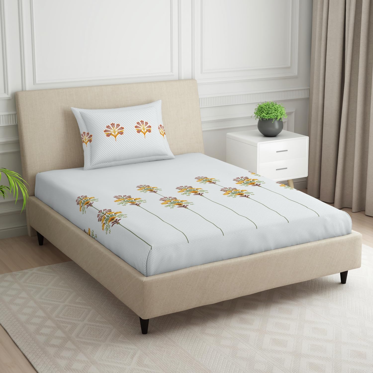 Single Bedsheet With 2 Pillow Covers (Size 60 X 88 Inches) Multicolor | 144 Thread Count Lightweight, Soft, Skin Friendly - Everyday Use Cotton Bedsheet