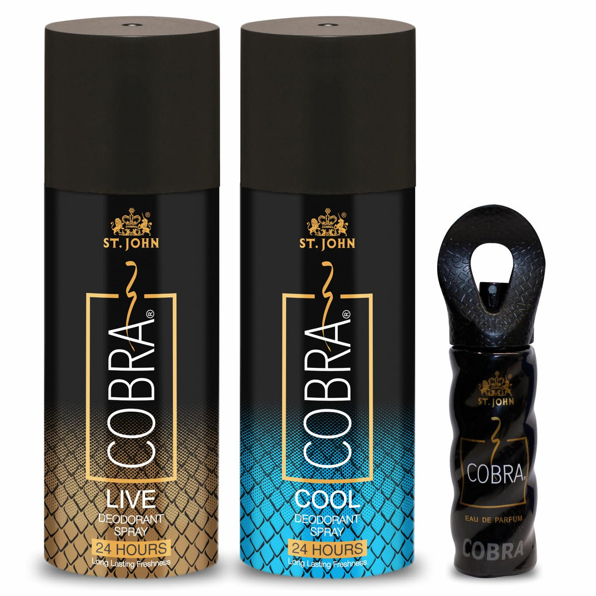 St. John Cobra Live, Cool Deodorant Body Spray 300ml 10.1 Fl.oz. & Cobra Eau De Perfume 15ml 0.5 Fl.oz. Pack Of 3 | Perfect Gift Set For Men & Women