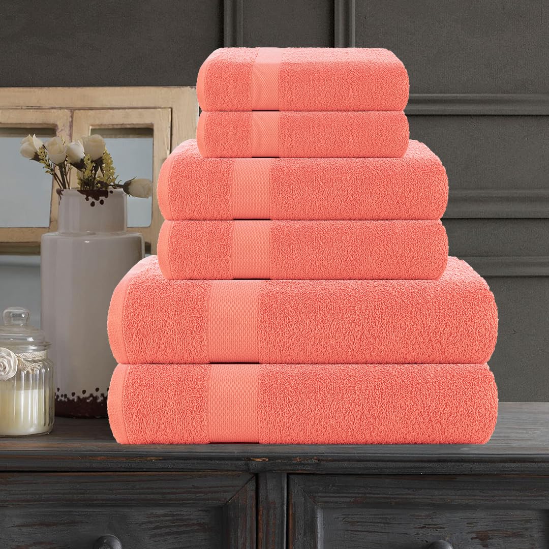 Casa Copenhagen Denmark Design 2 Bath + 2 Hand & 2 Washcloths Towels 1800 Gsm | He & She Super Soft Collection 100% Cotton 6 Piece Towel Set - Malibu Peach