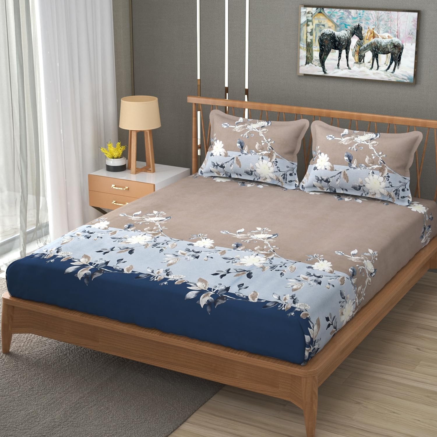 Double Bedsheet For Queen Size With Tow Pillow Cover - 72 X 72 Inches, Beige & Dark Blue | All Around Elastic Fitted Breathable & Durable, Soft Touch & Perfect For All Seasons
