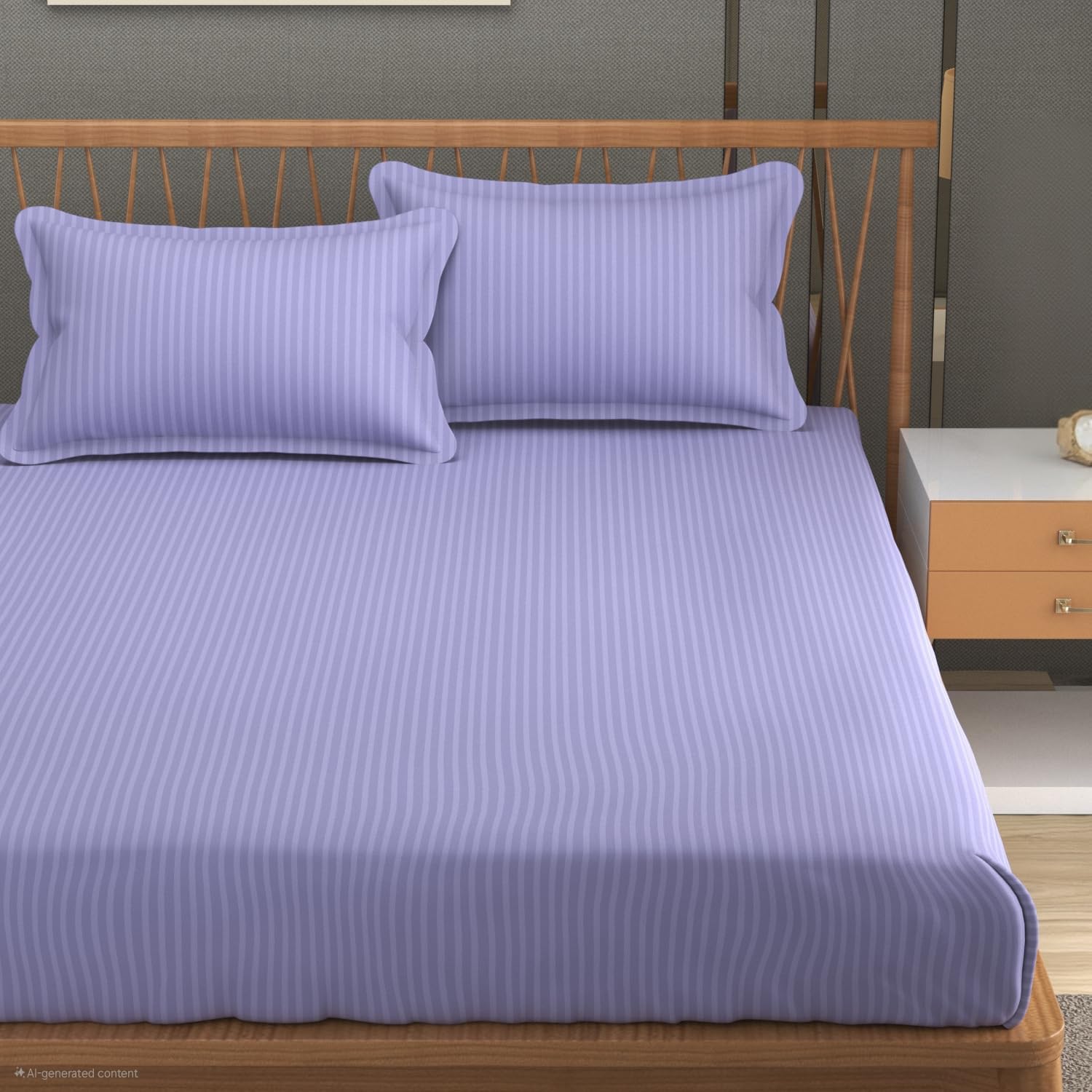 Pure Cotton Satin Stripes Plain King Size Bedsheet For Double Bed With Two Pillow Covers - 90x90 Inches, Lavender | Ideal For Daily Use & Gifting Bedsheet