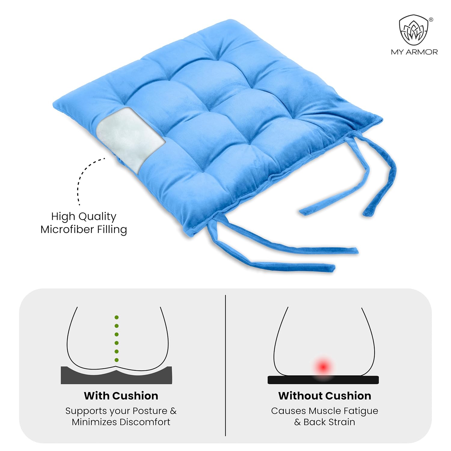 Square Chair Pads Cushion, For Comfortable Sitting, Sky Blue Color - 40 X 40 Cm | Seat Cushions With Ties For Sitting, Pooja, Dining & Office Table | Furniture Cushion, Washable - Pack Of 2