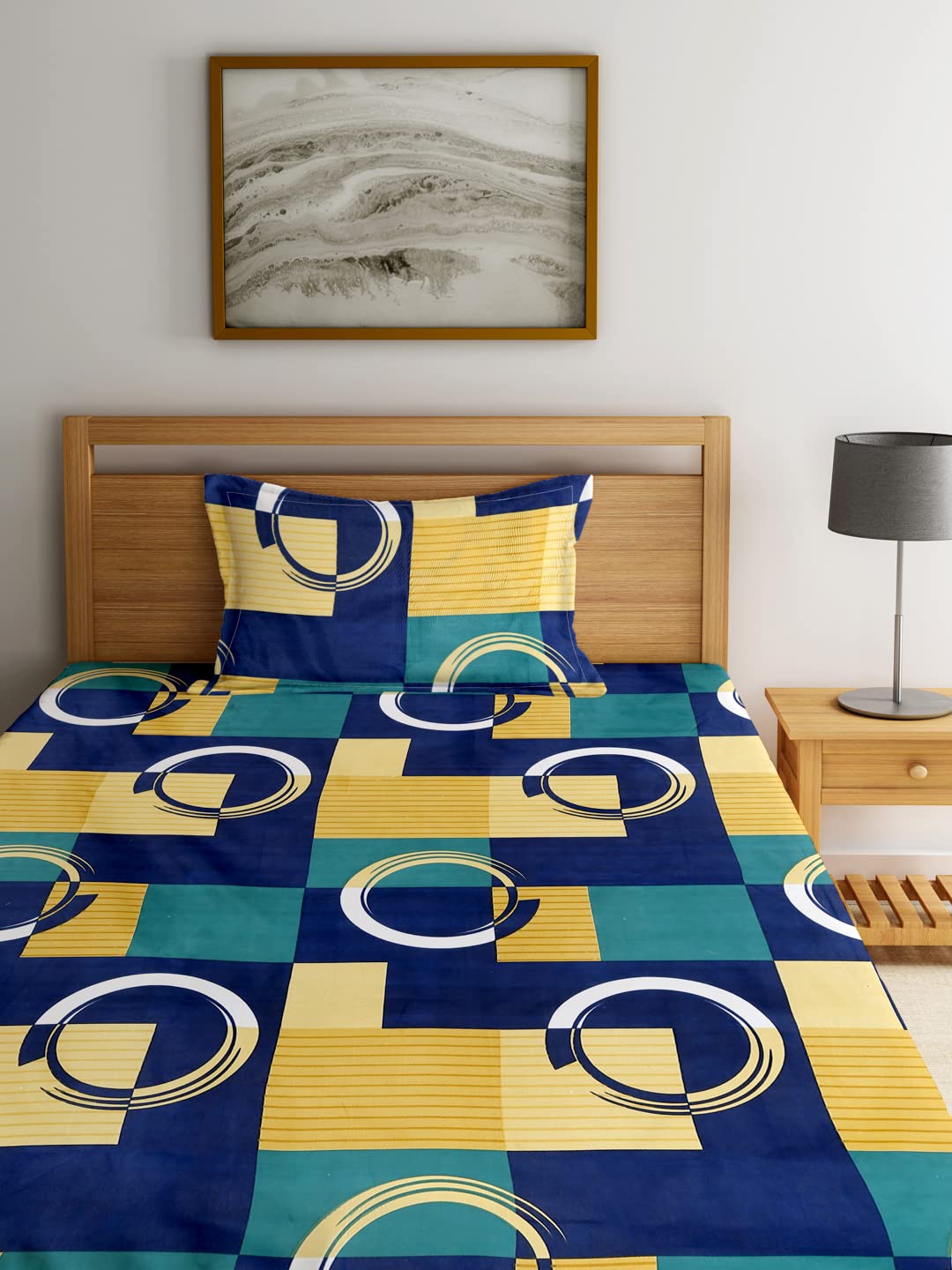 Single Bedsheet With 1 Pillow Cover - 55 X 86 Inches, Yellow & Blue | Normal Hand Wash Or Machine Wash | Breathable & Wrinkle Free