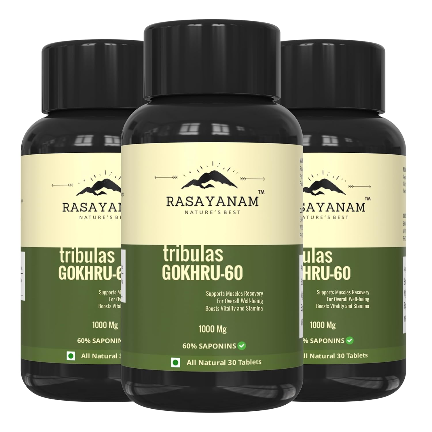 Rasayanam Tribulas Gokhru Gokshura Tablets 1000mg Ultra High Concentrated 60% Saponins, Improves Vigour, For Both Men & Women | 60 Tablets 100gm 0.2lbs Each Pack Of 3