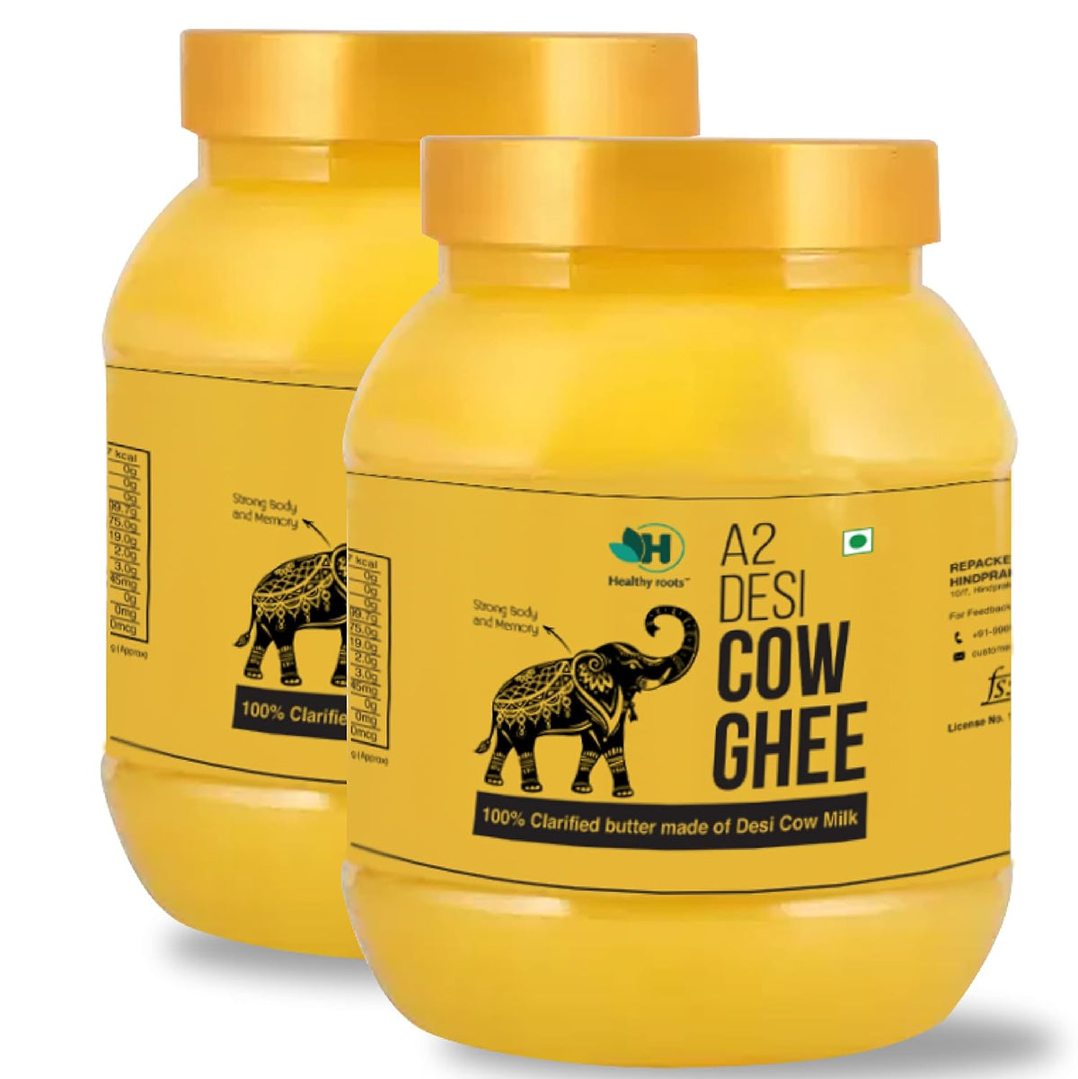 100% Pure A2 Desi Cow Ghee By Healthy Roots | Natural & Healthy Gir Cow Cultured Desi Ghee For Strength | 1 Litre (500ml * 2) 33.8 Ounce | Jar Pack