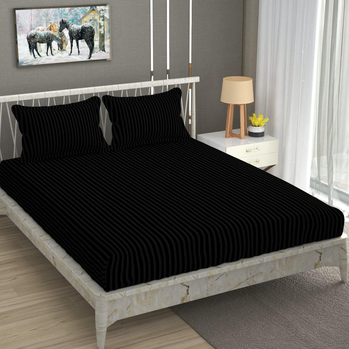Plain Double Bedsheet For Queen Size With 2 Pillow Covers - 90 X 95 Inches, Black | Wrinkle Resistant & Soft Skin Safe | All Season Comfort Fabric